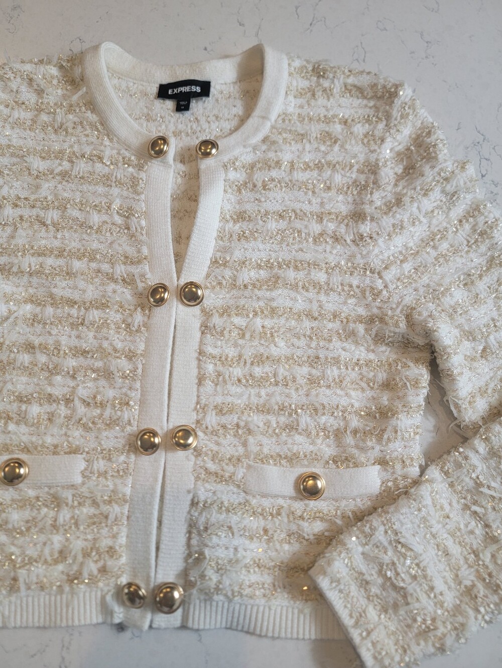 Express Cream Gold Metallic tweed Bouclé Knit Cardigan Jacket Medium clasp chic - Picture 8 of 13